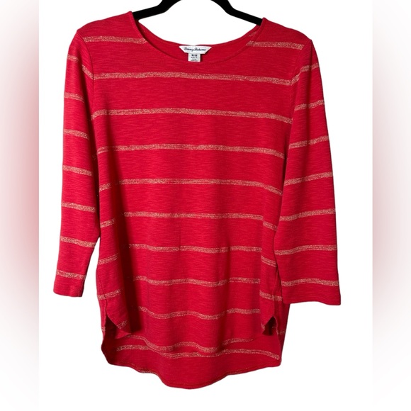 Tommy Bahama Tops - Tommy Bahama Red Tee 3/4 Sleeve Gold Metallic Striped Women’s Medium